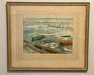 Item 488:  Vintage Signed Seaside Watercolor of Dinghies - 21.75" x 18.25": $75