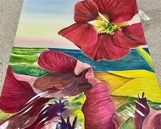 Item 507:  Pretty watercolor - flowers by the seaside - 20.25" x 30": $24