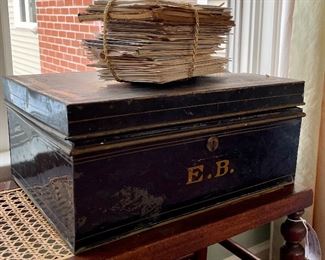 Item 517:  Lot of 19th c. letters in antique metal box: $145