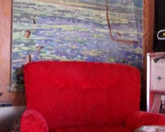 RED VELVET SLIPPER CHAIR. JURGENS ART WORK, A SURVIVOR OF THE 1956 TORNADO!!