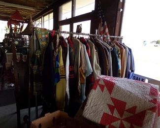 VINTAGE CLOTHING AND MANY QUILTS.