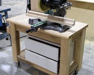 Hitachi 8.5" Slide Compound Miter Saw, Model C8FSHE, On Rolling Stand, 68" x 46" x 36"