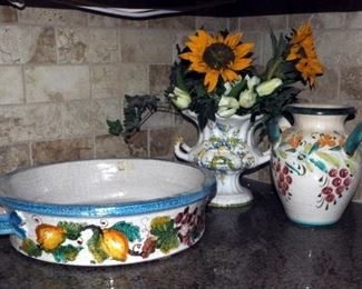 Stoneware Bowl With Crackle Glaze, 17" Round, And Painted Ceramic Vases, Qty 2