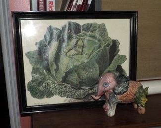 Vilmorin Andreux & Co Signed Print, Framed Under Glass, 21.75" x 27", And Ceramic Garden Elephant