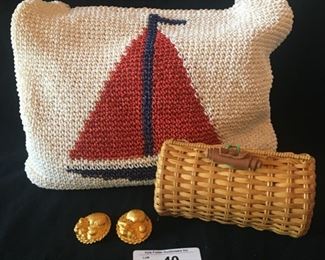 DOMINIQUE AURIENTIS SEASHELL CLIP EARRINGS, WICKER SUNGLASS CASE AND FUN NEIMAN'S SHOULDER BAG WITH SAILBOAT 