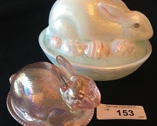 FENTON IRIDESCENT HAND PAINTED BUNNY ON NEST COVERED DISH BY J.K. SPINDLER AND IMPERIAL GLASS IRIDESCENT BUNNY COVERED DISH
