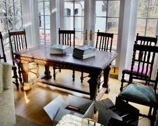 Carrara marble top library table; set 6 carved oak barley twist chairs