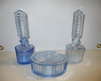 3 PC VINTAGE PERFUME BOTTLES AND DRESSER BOX