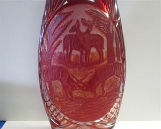 LARGE CZECH ART GLASS RUBY CUT TO CLEAR VASE WITH ANIMAL SCENE