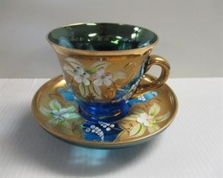 CZECH BLUE GLASS W/ PAINTED GOLD & ENAMEL FLORAL CUP & SAUCER