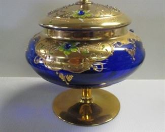 CZECH ? ITALIAN? COBALT BLUE CANDY DISH W/ GOLD AND HANDPAINTED ENAMEL FLORALS