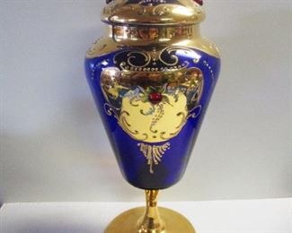 CZECH? ITALIAN? COBALT BLUE GLASS CANDY DISH W/ GOLD AND HANDPAINTED ENAMEL FLORALS