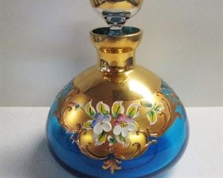 CZECH? ITALAIN? BLUE GLASS DECANTER W/ HANDPAINTED GOLD AND ENAMEL FLORALS