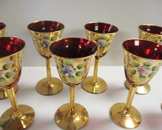 RUBY RED SET OF CORDIALS  CZECH? ITALIAN? W/ GOLD AND HANDPAINTED ENAMEL FLORALS