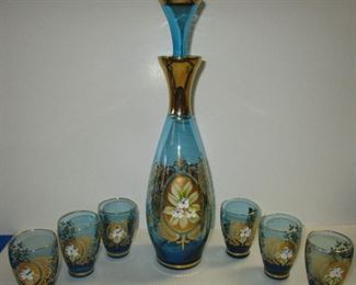 ITALIAN? CZECH? BLUE GLASS LICQUOR DECANTER W/ CORDIALS  HANDPAINTED ENAMEL FLORALS AND GOLD TRIM
