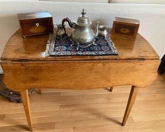 Antique drop leaf table ,antique tea caddies,Pewter tea set