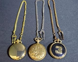 https://ctbids.com/#!/description/share/721064 Set of 3 gold pocket watches. Solid front watch is working and weighs 2.2oz, length 17" clock 1.75" American Pride Dale Earnhardt #3 watch 2.5oz length 17" clock 1.75", North Star 17 Jewels, Deer 2.7oz length 17" clock 1.75". No movement at time of posting on 2 of the watches.