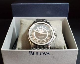 https://ctbids.com/#!/description/share/721052 Gorgeous Bulova Sapphire Crystal Accutron mechanical automatic watch. “Accutron 26A09 Gemini automatic mens watch features 40mm wide and 12mm thick solid stainless steel case with a fixed bezel and textured push pull crown. Swiss automatic self winding mechanical movement with 25 jewels. This stylish watch features a textured black semi-skeleton dial with white accent silver tone luminous hands and Roman numeral hour markers, scratch resistant sapphire crystal and water resistant to 100 meters. Weight 6oz.”