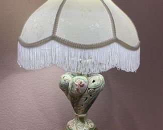 Capodimonte porcelain lamp. French Victorian style with flower print and fringe shade.