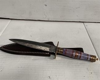 Double sided knife, colorful stone & goldstone handle in leather sheaf, 6 in blade. 