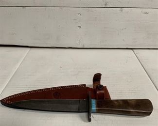 Double sided knife, turquoise & wood handle in leather sheaf