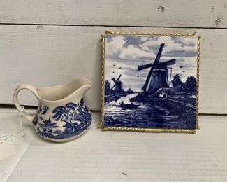 Dutch Blue and White Trivet on Gold Stand and Ironstone Blue Willow Creamer. 