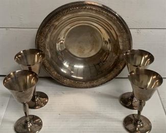 Vintage Silver-Plated Wine Goblets and Bowl Set