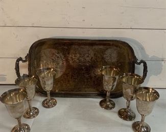 Vintage Silver-Plated Goblets and Serving Tray