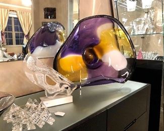 Janet Nicholson 22" yellow and purple art glass bowl from California.