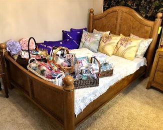 Sewing and tatting supplies!  Queen walnut veneer bed with 2 matching nightstands and dresser.