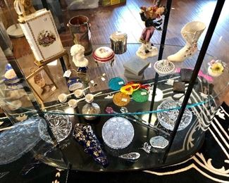 Fun finds.  She loved going to the Paris flea market!  Some Limoge including the faux book on stand and the cobalt wall pocket.  Notice the Lalique berry ornaments.  Make great gifts!