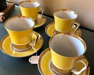 Large yellow and gilt gold coffee cup and saucer set from the USSR...Russia.  They are bright and beautiful!