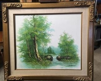 Oil on canvas, landscape with stream. The canvas is 20x24 inches. Outside measurements of the frame is 28x32 inches. The artist is A. Watson. There is a scratch that can be seen in the picture of the artist signature.