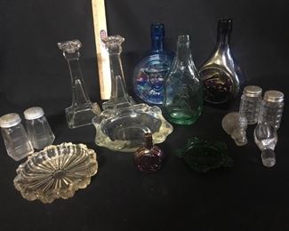 Glassware. Lot includes three flasks and one miniature flask. Two flasks and the mini are carnival glass.