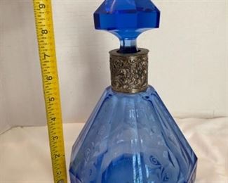 #11- $195 Rare Art Deco blue etched glass modern geometrical cut shaped decanter, carved silver neck cover. Most likely German. 