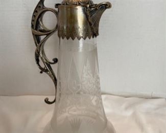 #13 - $95 etched glass ever, water vessel, with silvered neck and lion finial. Continental. C. 1890’s 