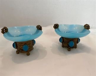 #14. $95. Fine pair of turquoise Opaline glass salt cellars and jeweled base. 