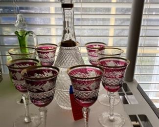  #15 - $140 Bohemian cut glass crystal decanter set & 9 glasses cranberry & clear. 