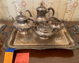 #27 -$1,000 Sterling silver Gorham, Fleury pattern 4 pieces + silver plated tray.  Total weight 52.75 ounces. 