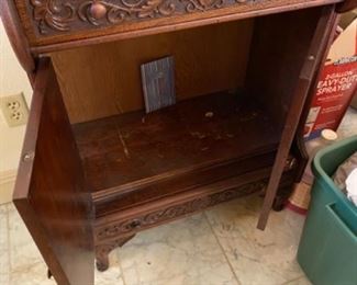 #35 - $399  Unusual Oak carved small desk 26.5"L x 15"D x 52"T