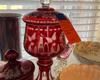 #40 Bohemian cranberry glass jar on stand $120