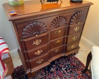 #45 - $325 - The American Craftsman by Stanley. Mahogany shell pattern desk 4 drawers - 36"L x 18"D x 32 3/4"T
