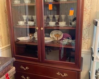 #26 - $395 Mahogany french style China display cabinet with three conforming drawers 44”L x 17 1/4”D x 74 3/4” 