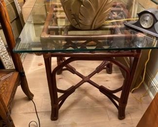 #49  - $65 Wicker & glass top table 28" x 28" x 26"H