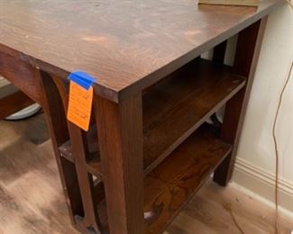 #78 - $275 Mission style oak desk with bookcase on each side. 44"L x 29"D x 30 1/2"H 