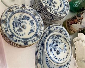 German flow blue china set with gold specks - 