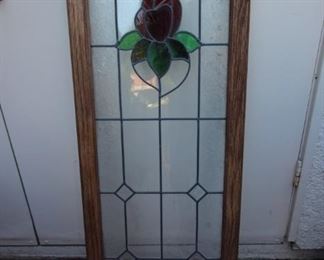 $75. Oak framed stain glass panel. 17x48.