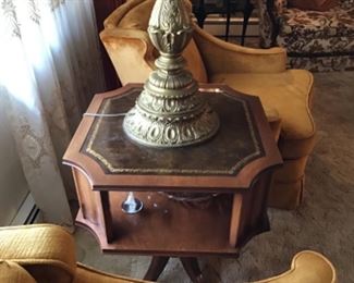 Mahogany Leather Top Drum / Lamp Table
