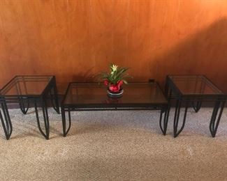 Contemporary Pair of Black Metal End Tables and Coffee Table w/Glass Tops