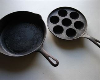 $50. Griswold #8 cast iron skillet.   SOLD                                               $25. Antique  Abelskiver Danish pancake skillet.